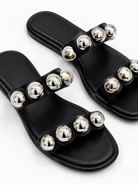 Black Slide Sandals with Silver Orb Studs